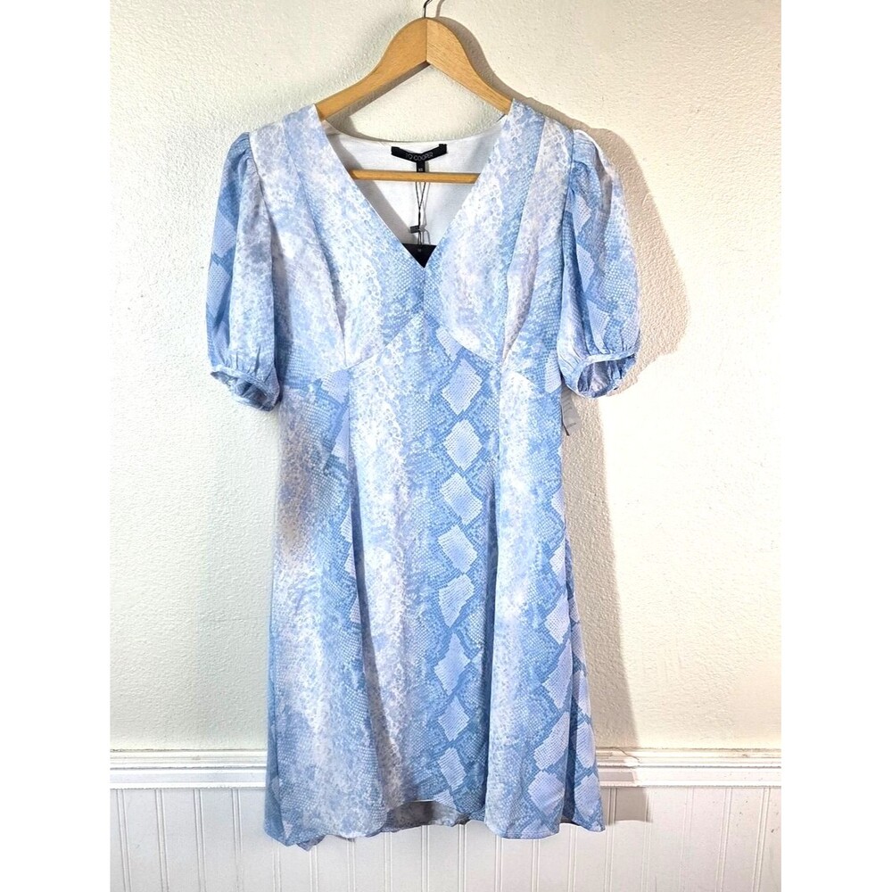 19 Cooper Dress Womens XS Blue Snakeskin Print Puff Sleeve V Neck Fit Flare NWT